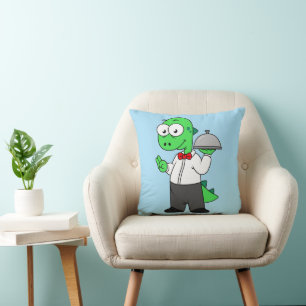 Illustration Of A Tyrannosaurus Rex Food Waiter. Throw Pillow
