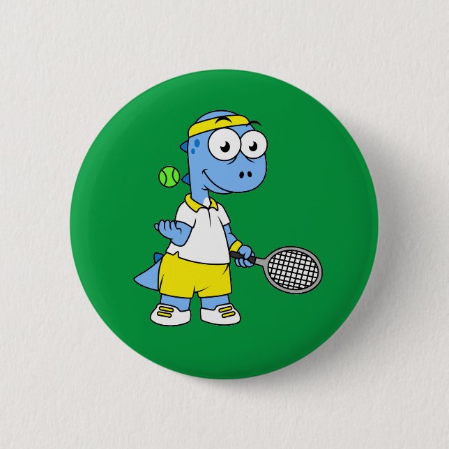Illustration Of A Tyrannosaurus Rex Tennis Player. Button (Front)