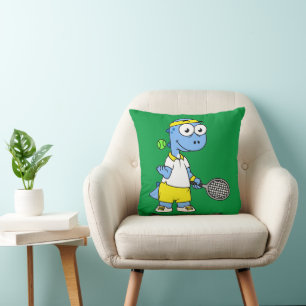 Illustration Of A Tyrannosaurus Rex Tennis Player. Throw Pillow