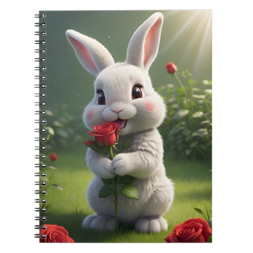 Illustration of a white bunny with a red rose notebook