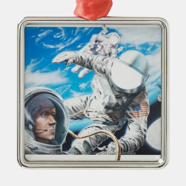 Illustration of American astronauts in space Metal Ornament (Front)