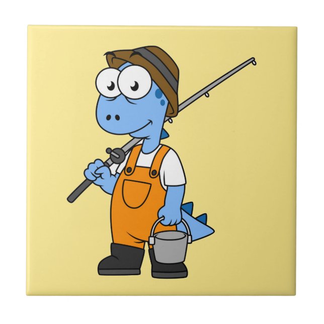 Illustration Of An Allosaurus Fisherman. Ceramic Tile (Front)