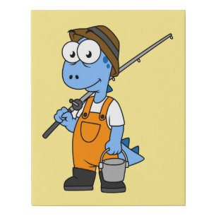 Illustration Of An Allosaurus Fisherman. Faux Canvas Print