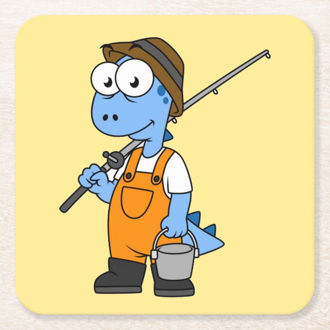 Illustration Of An Allosaurus Fisherman. Square Paper Coaster (Front)