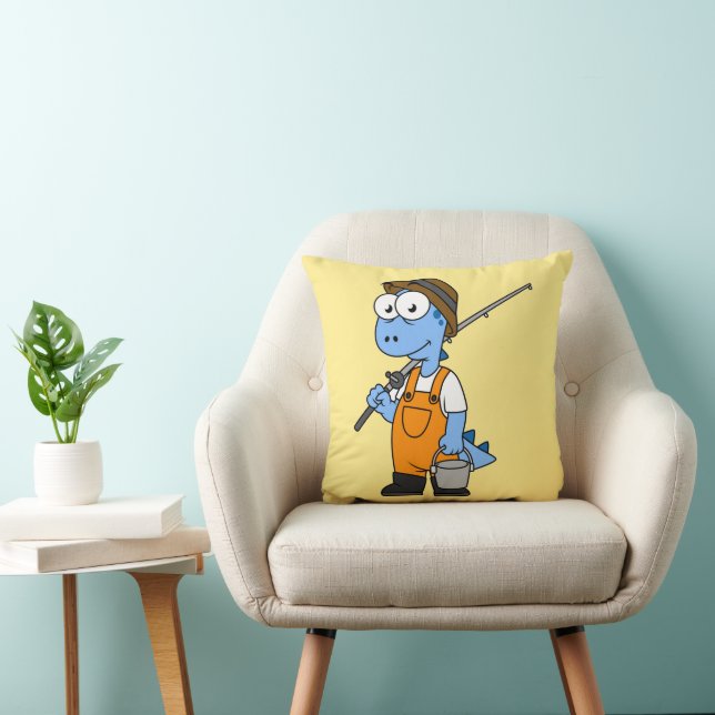 Illustration Of An Allosaurus Fisherman. Throw Pillow (Chair)
