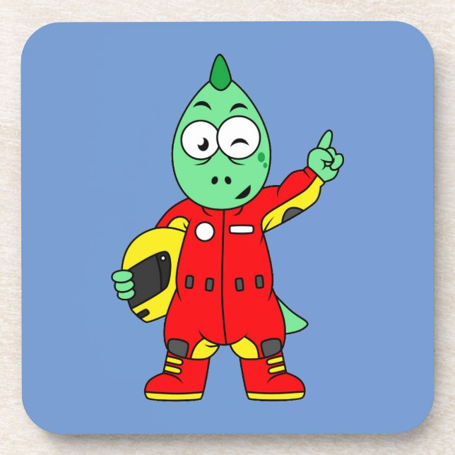 Illustration Of An Allosaurus Race Car Driver. Beverage Coaster (Front)