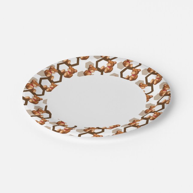 illustration of an array of teddy bear on white paper plates (Angled)