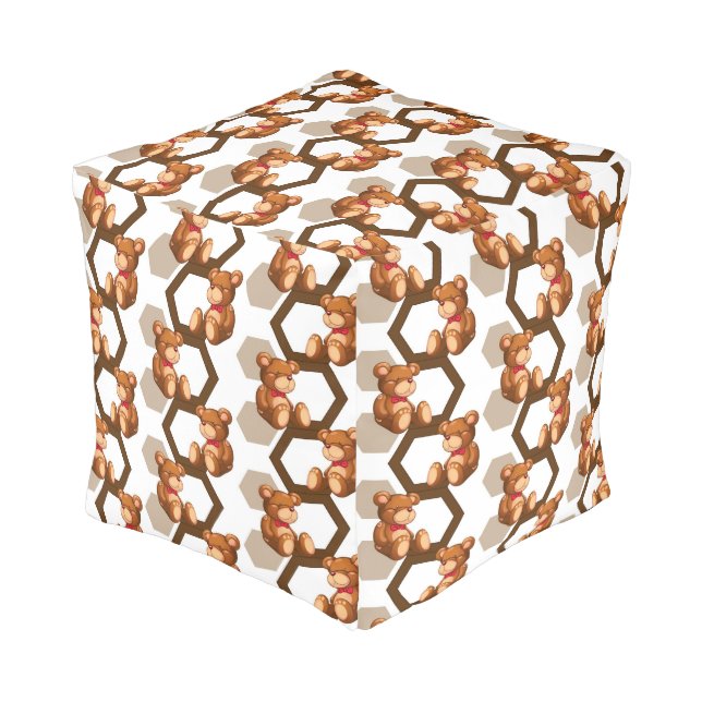 illustration of an array of teddy bear on white pouf (Angled Front)