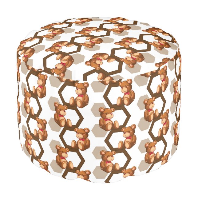 illustration of an array of teddy bear on white pouf (Angled Front)