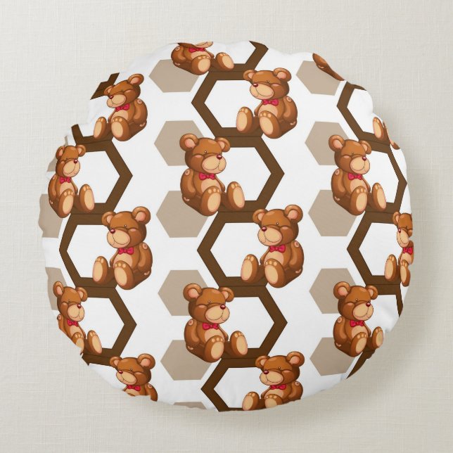 illustration of an array of teddy bear on white round pillow (Front)