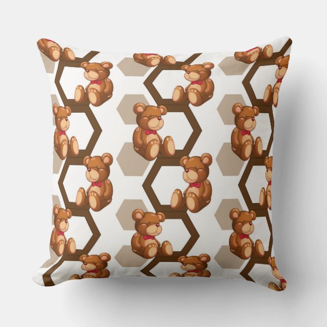 illustration of an array of teddy bear on white throw pillow (Front)