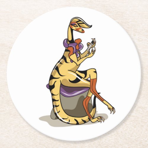 Illustration Of An Iguanodon Polishing Her Nails Round Paper Coaster