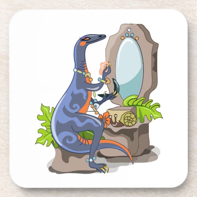 Illustration Of An Iguanodon Putting On Make-Up. Beverage Coaster (Front)