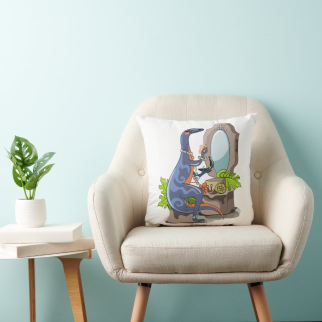 Illustration Of An Iguanodon Putting On Make-Up. Throw Pillow (Chair)