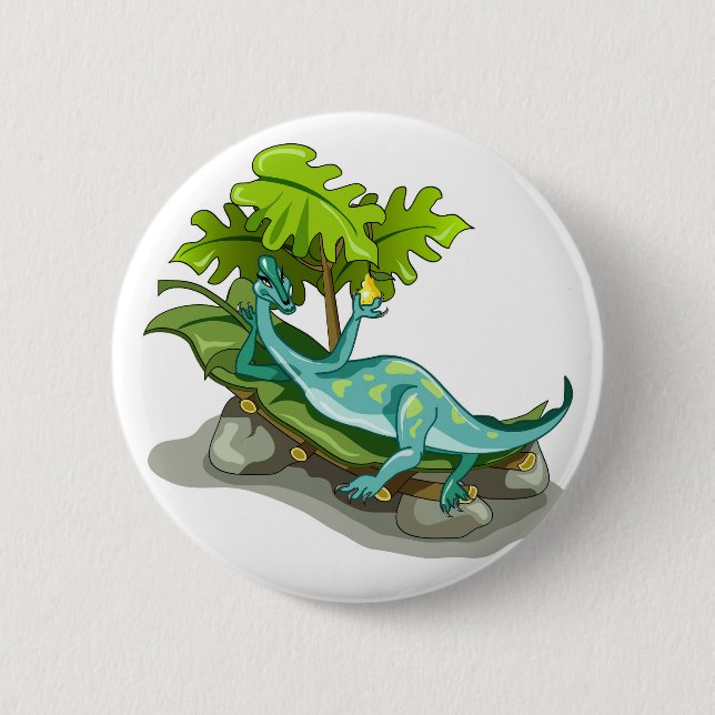 Illustration Of An Iguanodon Sunbathing. Button (Front)