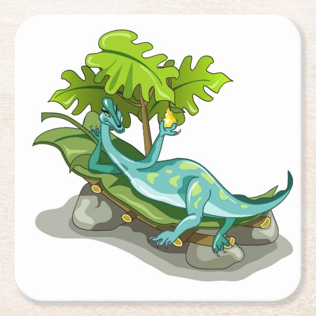 Illustration Of An Iguanodon Sunbathing. Square Paper Coaster (Front)