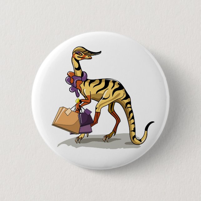 Illustration Of An Iguanodon With Shopping Bags. Button (Front)