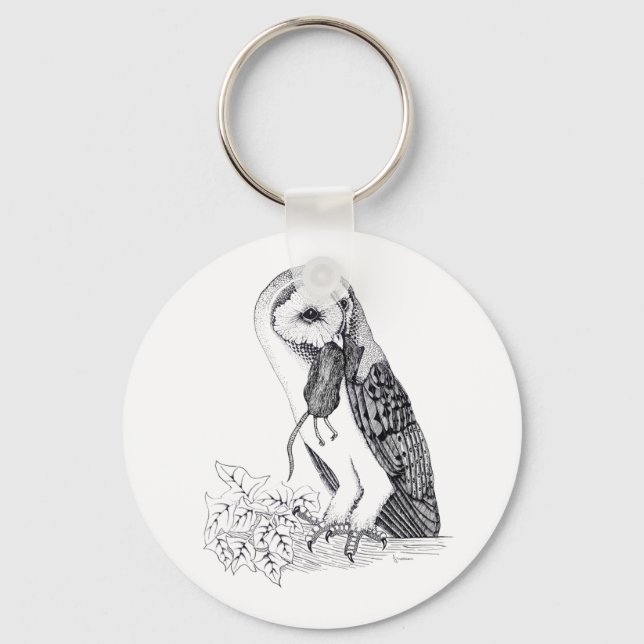 Illustration of Barn Owl on button Keyring (Front)