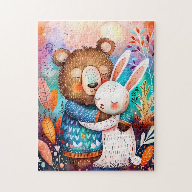 Illustration of bear hugging rabbit in forest. jigsaw puzzle (Vertical)