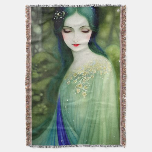 Illustration of Beautiful Lady in Forest Throw Blanket