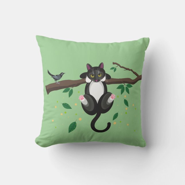 Illustration of black and white cat up tree outdoor pillow (Front)