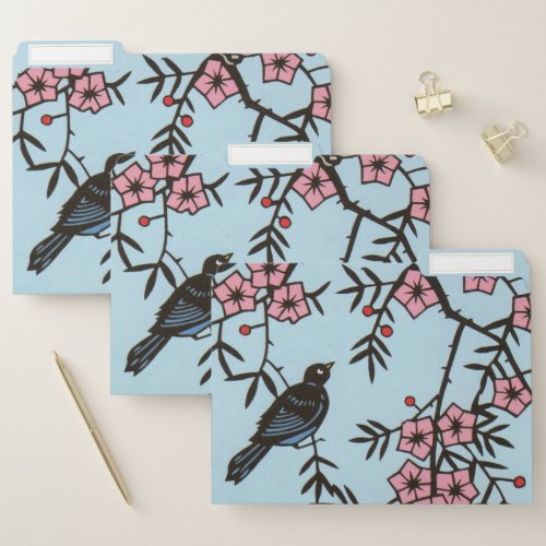 Illustration of Black Bird in Cherry Blossoms Blue File Folder