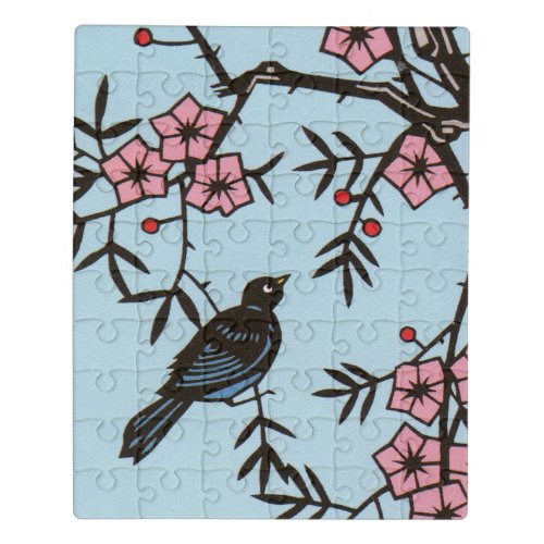 Illustration of Black Bird in Tree Pink Blossoms Jigsaw Puzzle