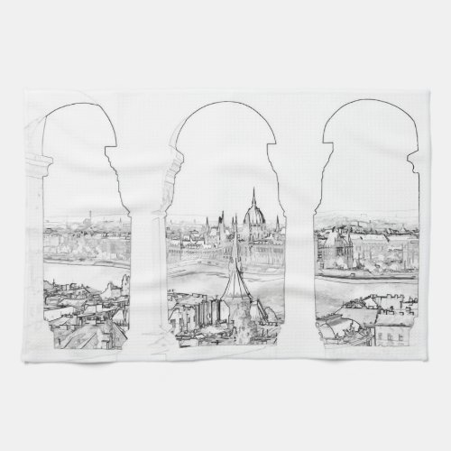 Illustration of Budapest and hungarian parliament Kitchen Towel