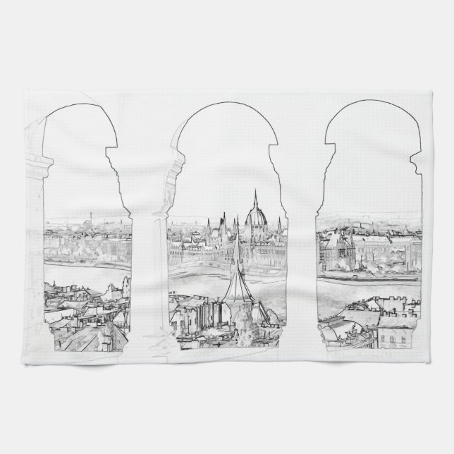 Illustration of Budapest and hungarian parliament Kitchen Towel (Horizontal)