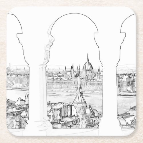 Illustration of Budapest and hungarian parliament Square Paper Coaster