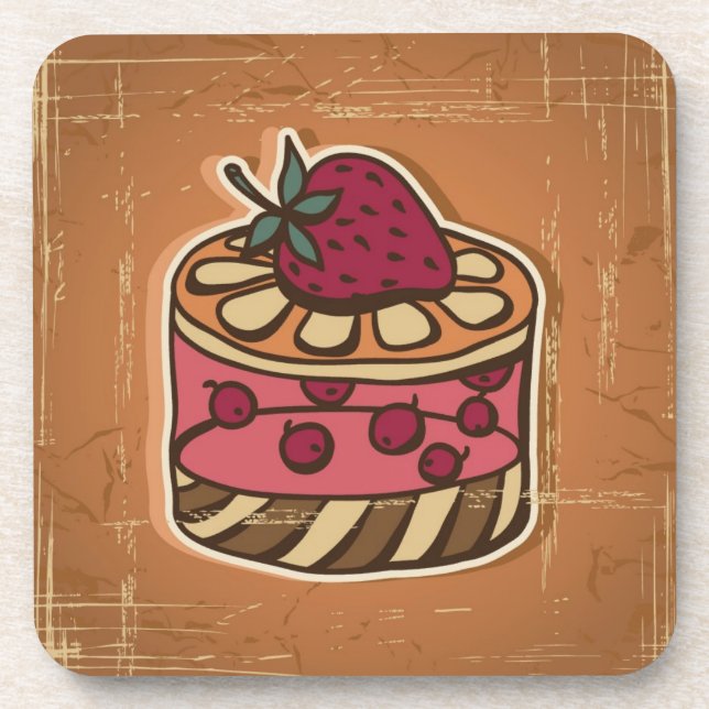 Illustration of cake in retro style beverage coaster (Front)