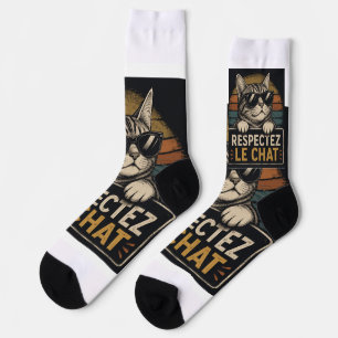 Illustration of cat wearing glasses with typograph socks