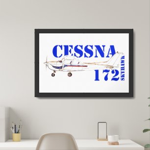 Illustration of Cessna 172 Skyhawk Airplane Design Framed Art
