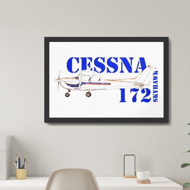 Illustration of Cessna 172 Skyhawk Airplane Design Framed Art (Home Office)