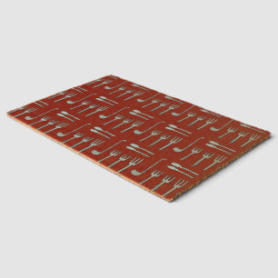 Illustration of cutlery on a shower curtain.  fiber doormat