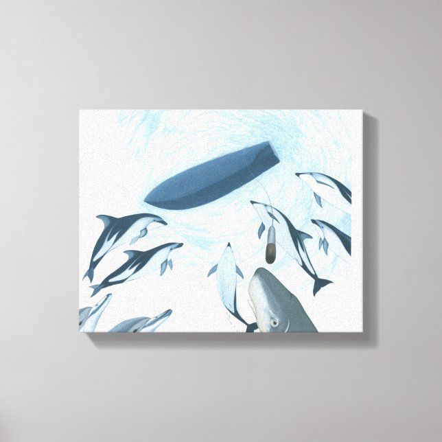 Illustration of dolphins looking up at a boat canvas print (Front)