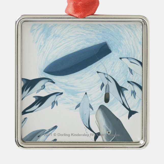 Illustration of dolphins looking up at a boat metal ornament (Front)