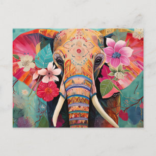 Illustration of elephant with flowers postcard