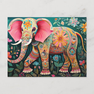 Illustration of elephant with flowers postcard