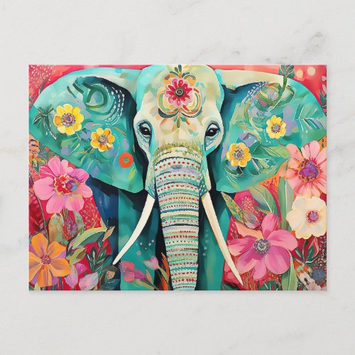 Illustration of elephant with flowers postcard