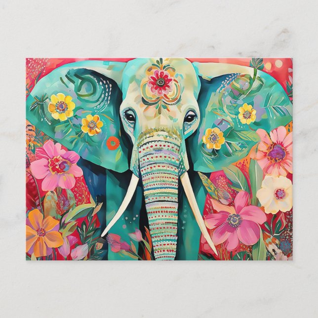 Illustration of elephant with flowers postcard (Front)