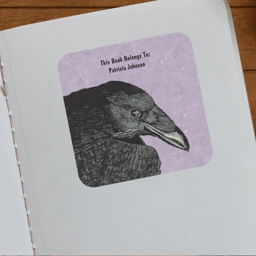 Illustration of Face of Black Crow Marbled Purple Square Sticker