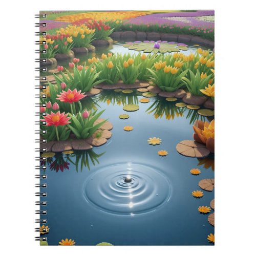 Illustration of flowers around a pond notebook