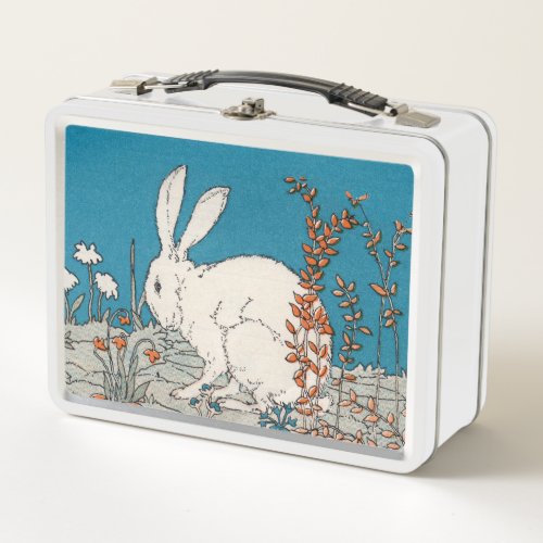 Illustration of Fluffy White Rabbit in Flowers Metal Lunch Box