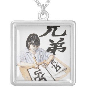 Illustration of girl writing large Chinese script Silver Plated Necklace