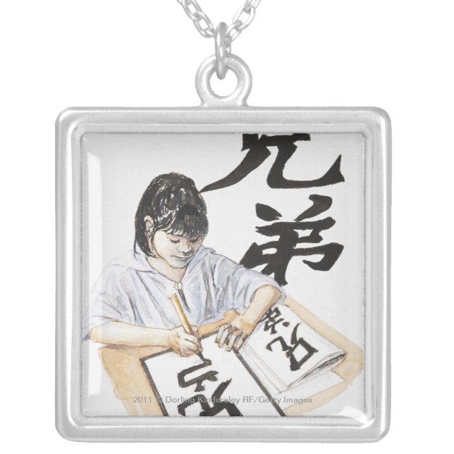 Illustration of girl writing large Chinese script Silver Plated Necklace (Front)
