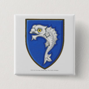 Illustration of heraldic fish symbol on shield pinback button