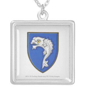 Illustration of heraldic fish symbol on shield silver plated necklace