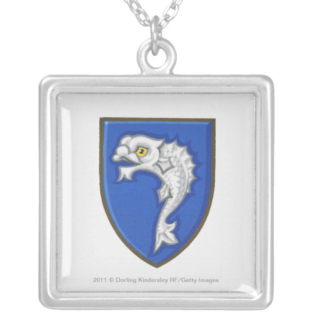 Illustration of heraldic fish symbol on shield silver plated necklace (Front)