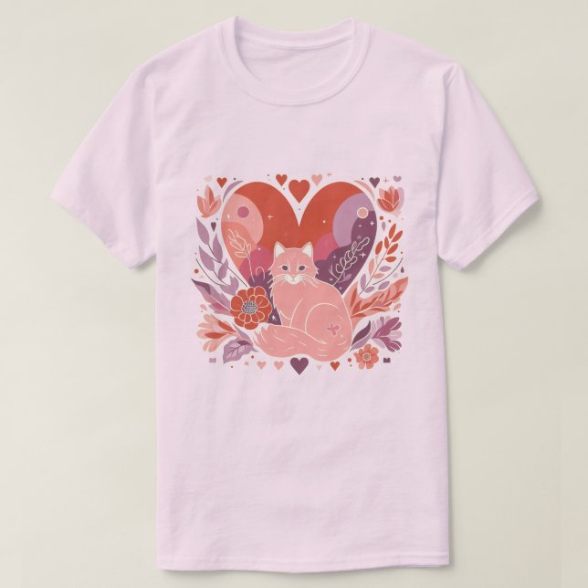 Illustration of Love for Cats Heart Flowers T-Shirt (Design Front)